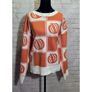 Sewn + Seen Women Large Orange Pumpkin Checkerboard Knit Sweater Oversized Fall
